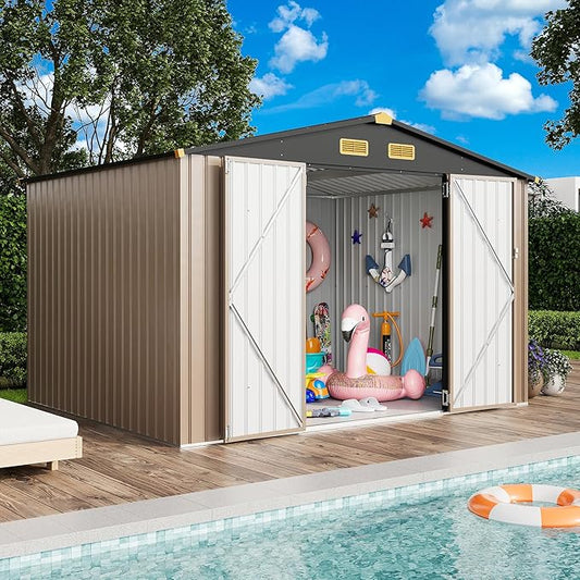 IRONCK 10x8FT Outdoor Storage Shed with Breathable Vent, Galvanized Steel Metal Tool Shed with Lockable Doors for Yard Bins/Generator/Wheelbarrow Garden Storage, Brown