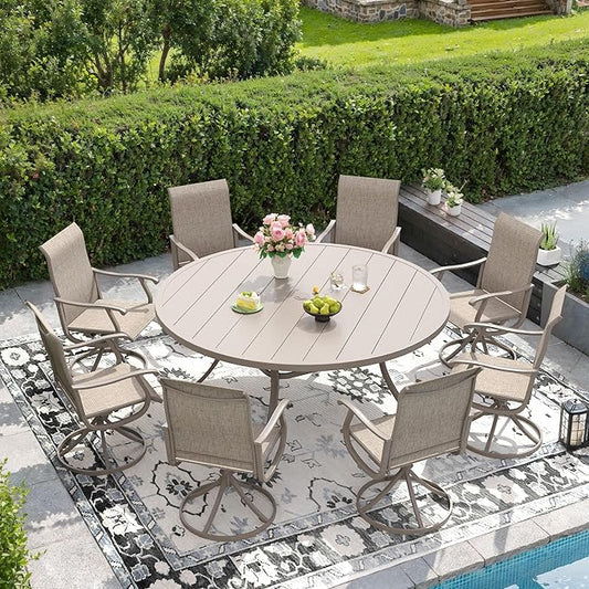 DIFY 60" Round Outdoor Patio Dining Table for 8-10, Metal Patio Table with 1.57" Adjustable Umbrella Hole, All-Weather Dining Furniture Table for Backyard Lawn Garden, Cream