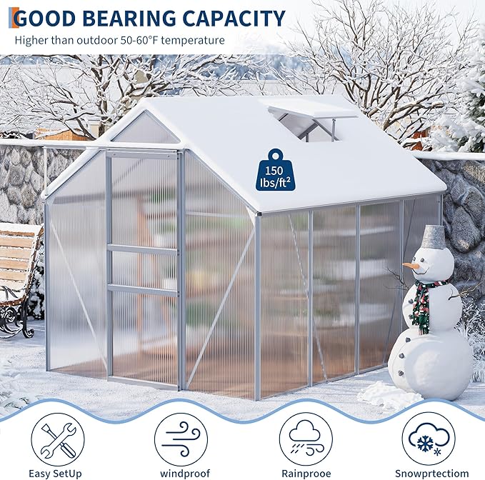 GarveeHome 6 x 8 FT Polycarbonate Greenhouse, Winter Greenhouses for Outdoors with Aluminum Frame, Sliding Door, Adjustable Roof Vent, Backyard Green Houses, Patio Garden, Silver