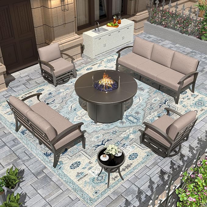 Aluminum Patio Furniture Set with Round Fire Pit Table, 7 Seats Outdoor Conversation Sets Modern Metal Patio Sectional Sofa with Upgrade Cushions for Patio, Backyard Sand
