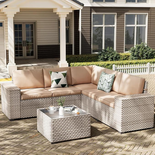 6 Pieces Patio Furniture Set, Outdoor Sectional Wicker Sofa with Thickened Cushions and Coffee Table, High Back Rattan Patio Conversation Sets for Garden Backyard, Khaki