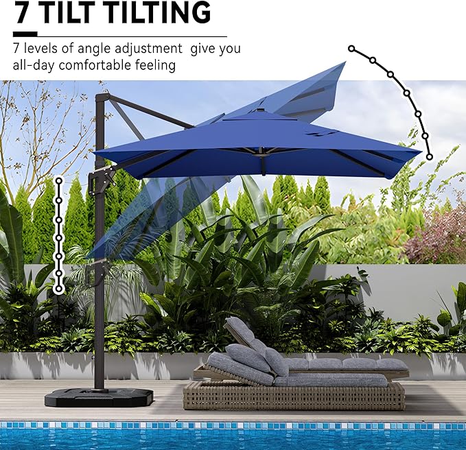 9' X 12' Cantilever Patio Umbrella with Base Included 360°Rotation Rectangular Outdoor Large Offset Umbrellas Heavy Duty Windproof for Garden Deck Pool, Navy
