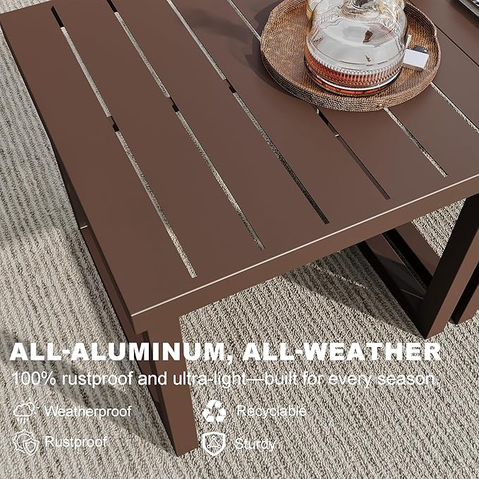 Aluminum Patio Furniture Set, 3 Pieces Conversation Set with 6 Inch Cushions and Coffee Table, Outdoor Patio Sectional Sofa for Garden (Brown)