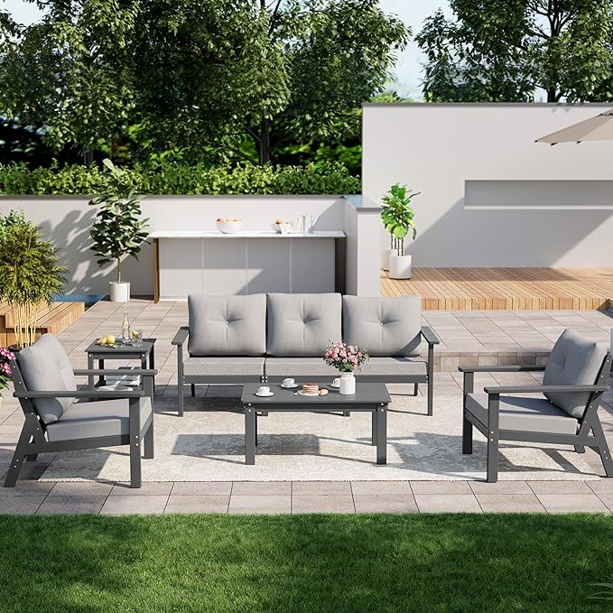 7-Piece HDPE Patio Furniture Set, All Weather Outdoor Couch with Thick Cushions, Wood Grain Outdoor Sectional with 2 Elegant Coffee Table, Durable Patio Conversation Sets for Balcony, Porch, Gray