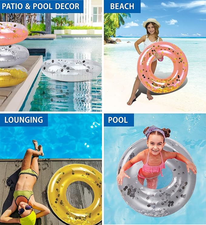 4-Pack Kids Inflatable Pool Floats - Sparkly Confetti-Filled Glitter Pool Float Rings, Cute Pool Floats in Pearl, Silver, Rose Gold, and Gold; Floating Tube Swim Rings for Pool, Beach, Lake - 23 Inch