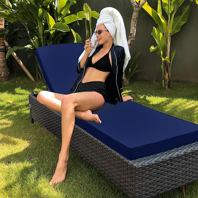 Chaise Lounge Cushion for Outdoor Furniture, Waterproof Fade and Tear Resistant Lounge Deck Chair Cushions for Patio Lawn Pool Resort Hotel, 80x26x3 Inch, Navy