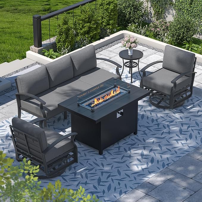 Aluminum Patio Furniture Set with Fire Pit Table, 5 Seats Outdoor Patio Conversation Set with Swivel Chair Modern Metal Patio Sectional Sofa with Upgrade Cushions for Patio, Backyard Grey