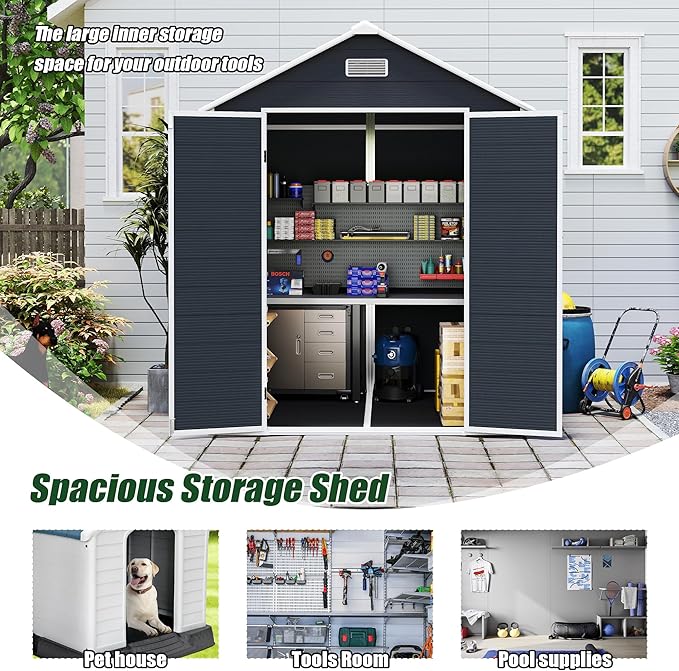 Resin Storage Shed 6x6ft Outdoor Tool Shed with Floor, Window, Lockable Doors and Vents, 12mm Thick pp Board, Storage Sheds for Patio, Garden, Backyard, Lawn (Dark Gray, 6 * 6ft)