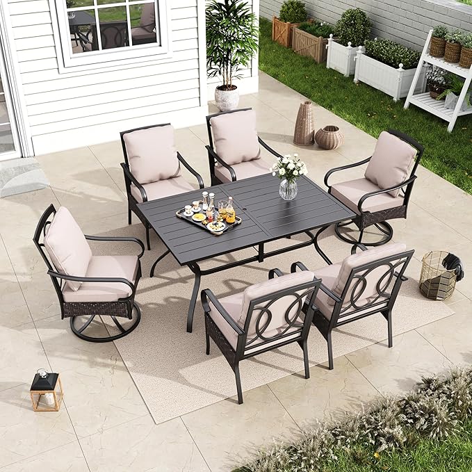 MFSTUDIO Outdoor Table and Chairs for 6, 7 Piece Heavy Duty Outdoor Dining, Metal Rectangular Table & Swivel & Fixed Chairs, All Weather Patio Dining Furniture for Deck, Backyard