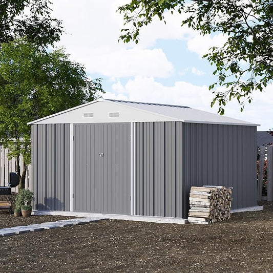 Patiowell 10' x 10' Metal Storage Shed for Outdoor, Steel Yard Shed with Design of Lockable Doors, Utility and Tool Storage for Garden, Backyard, Patio, Outside use, Grey