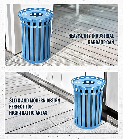 Alpine Commercial Outdoor Trash Can - 38 Gallon Heavy Duty Blue Recycle Garbage Can with Liner, Open Top Lid, All Weather Resistant Large Outside Trash Can for Parks, Parking, School