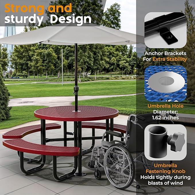 OUTTANS Metal Picnic Tables for Outdoors with Umbrella Hole - Coated Steel Heavy Duty Commercial Grade Furniture Set with Adjustable Seats (Red, 46 in, Round, Expanded Steel)