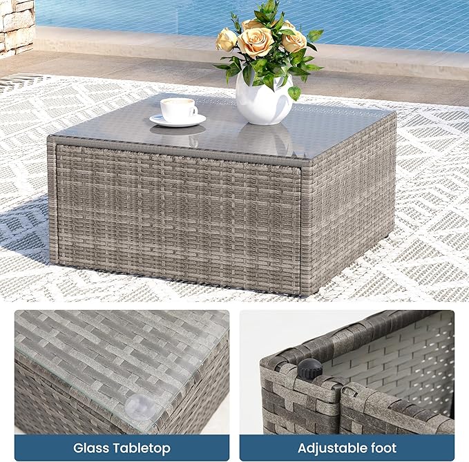 8 Pieces Outdoor Patio Furniture Set with 43" Fire Pit Table, Wicker Outdoor Patio Sectional Sofas with Cushions and Coffee Table, All-Weather Patio Conversation Set for Garden Backyard, Beige