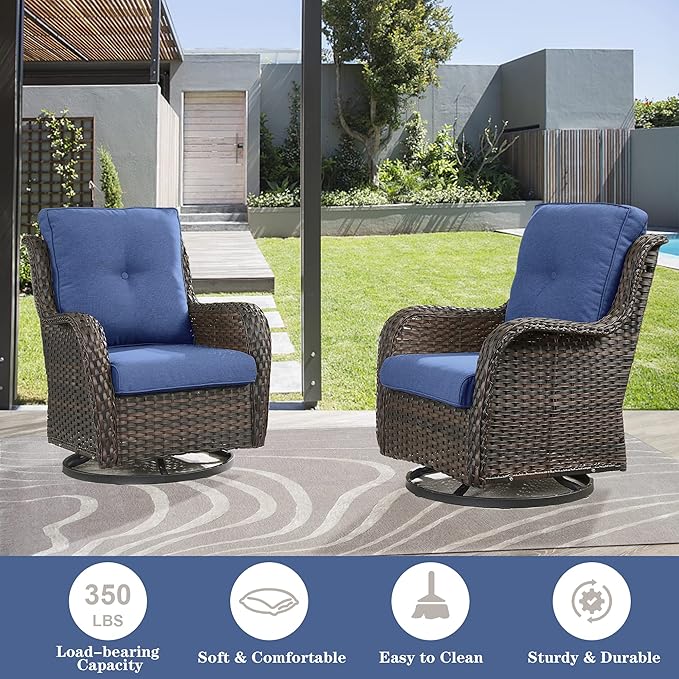 Belord Wicker Patio Furniture Sets - 8 Piece Outdoor Rattan Furniture Conversation Sets with 4 Swivel Rocker Chairs, Rattan Sofa, Wicker Ottomans and Coffee Table, Brown/Blue