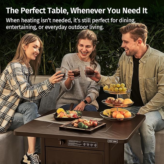 EAST OAK 28" Outdoor Propane Fire Pit Table | 50,000 BTU Gas Fire Pit Table for Outside with Magnetic Lid | Storage Basket & Lava Rocks | CSA Certified for Patio, Garden & Backyard | Brown
