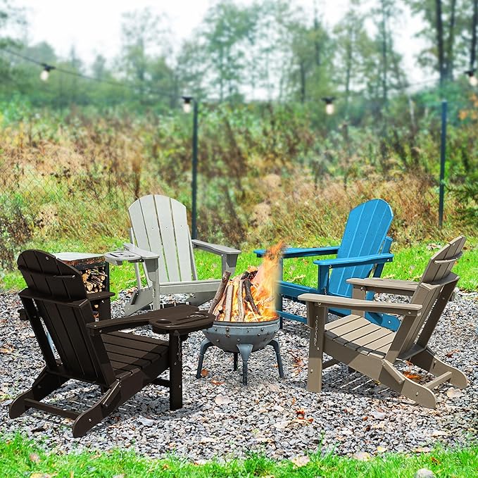 Adirondack Chair Set of 8, HDPE Folding Adirondack Chair with Multifunctional Cup Holder, Weather Resistant Fire Pit Chair for porches, patios, poolsides, Decks.