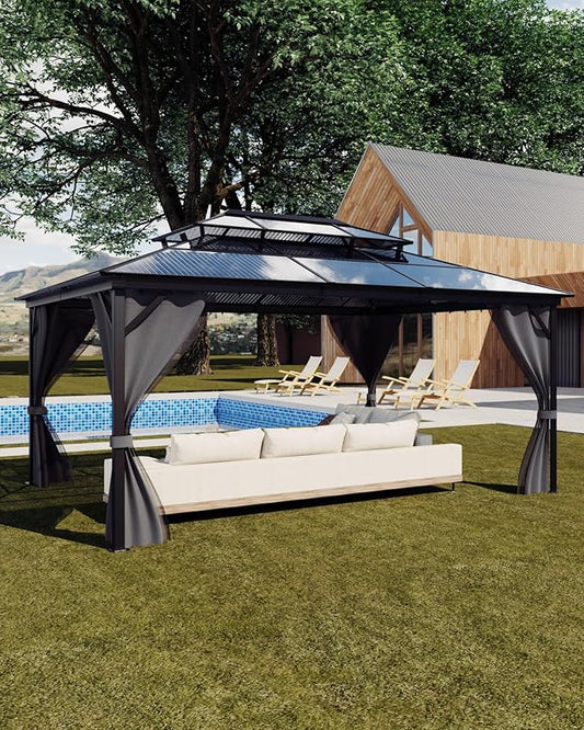 GarveeLife 12 ft x16 ft Hardtop Gazebo for All Weather, Double Polycarbonate Sheets Roof, Aluminum Alloy Frame, Net, and Curtain, Permanent Building for Patio, Deck, Backyard, Lawn, and Garden