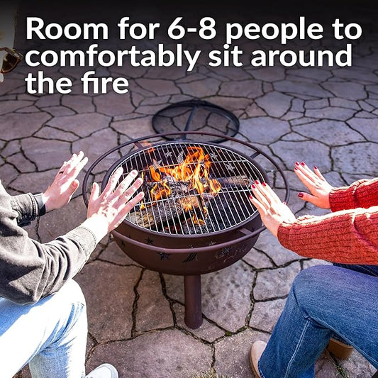 Sunnydaze Cosmic 30-Inch Patio Fire Pit for Outside - Outdoor Wood-Burning Fire Pit with Grill Grate, Spark Screen, and Fireplace Poker