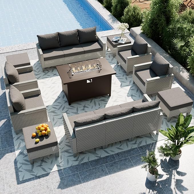 Outdoor Patio Furniture Set with Fire Pit Table 15-Piece Modular Wicker Sectional Sofa with Ottomans and Thick Cushions, Modern Rattan Outdoor Conversation Couch, Grey