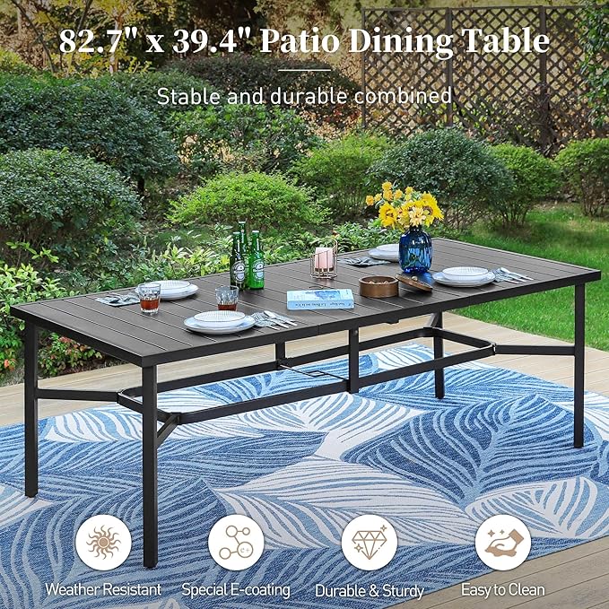 83" Patio Table for 8,Large Rectangle Patio Dining Table with Umbrella Hole,E-Coating and Powder Coating Steel Frame Metal Outdoor Patio Table for Garden Backyard Lawn Yard