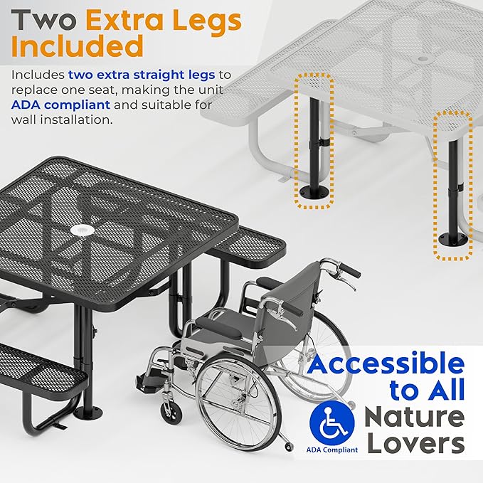 OUTTANS Metal Picnic Tables for Outdoors with Umbrella Hole - Coated Steel Heavy Duty Commercial Grade Furniture with Adjustable Seats (Black, 46 in, Square, Punched Steel)