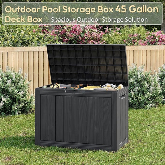 31 Gallon Resin Deck Boxes Waterproof, Waterproof and UV Resistant Outdoor Storage Box Lockable Lid for Delivery Box, Indoor, Garden Tools, Pool Supplies, Patio (Black, 45 Gallon)