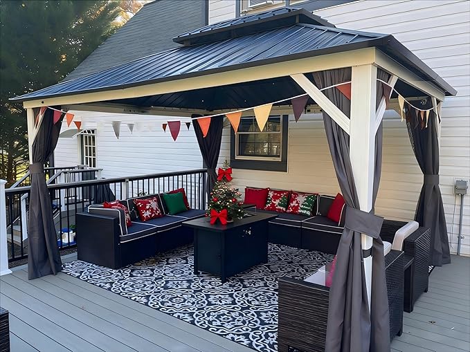PURPLE LEAF 12' X 14' Hardtop Gazebo Metal Double Roof White Aluminum Frame Outdoor Heavy Duty Gazebo with Curtain and Netting for Patio Garden and Backyard, Grey