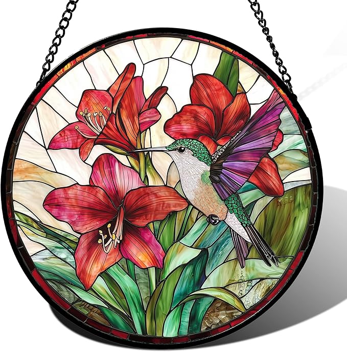 AMDERVEN Stained Glass Window Hanging - Hummingbird On Red Lily Flower Sun Catcher for Door Garden Decor Suncatcher Christmas Mother's Day Birthday Gifts for Bird Lovers Women Men Mom Nana 9.8 in