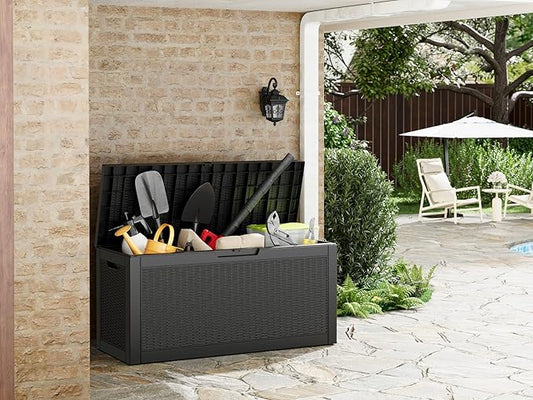 Outdoor Storage Box, Resin Deck Boxes Indoor and outdoor, Waterproof Storage Box Lockable Lid (Black, 70 Gallon)