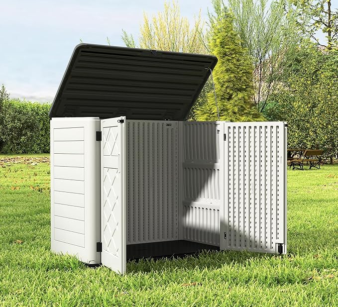HOMSPARK Storage Shed Weather Resistance, Multi-Purpose Outdoor Storage Cabinet for Backyards and Patios, Horizontal Storage Shed for Lawnmower, Patio Accessories (Off-White, Large - 48 cu.ft)