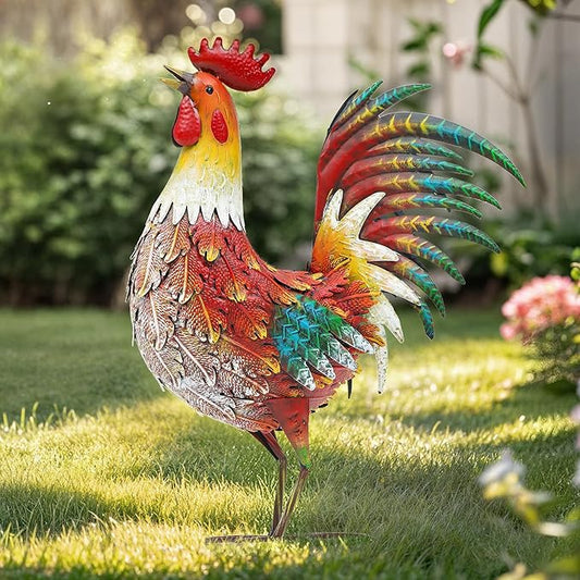 Autodaya 21" Metal Rooster Yard Decor, Outdoor Garden Statues, Metal Chicken Sculpture for Backyard Patio Kitchen Decor