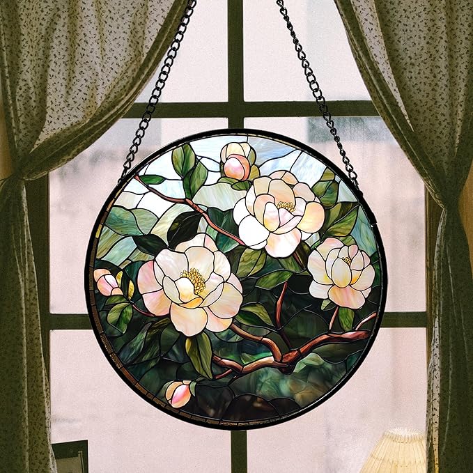AMDERVEN Stained Glass Suncatcher, Light Pink Flowers Green Leaf Sun Catcher Plant Stain Glass Window Hanging Decoration Mother's Day Birthday Gifts for Women Men Mom Nana 6.3 in