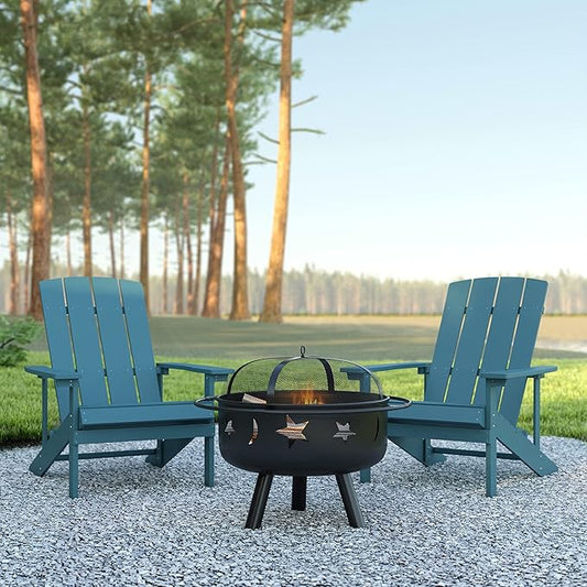 EMMA + OLIVER Campfire Set - Two Sea Foam Poly Resin Adirondack Chairs - 29" Star and Moon Fire Pit with Mesh Cover - Weather Resistant - Wood Burning Fire Pit