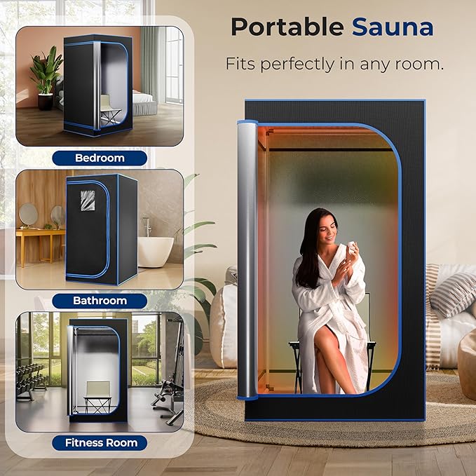 SereneLife Portable Sauna Box for Home, Steam Sauna Tent with Extra Large 4L Steamer - Includes Folding Sauna Chair, Remote Control w/ 9 Heat Levels for in-Home Spa - 2.9' x 2.9' x 5.9'