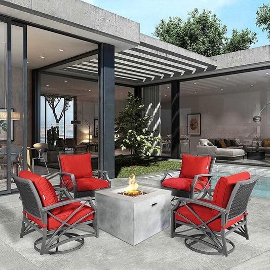 Kinger Home 32-Inch 5-Piece Outdoor Propane Smokeless Concrete Fire Pit Set for Patio, 50,000 BTU CSA Certified, Square, Red Cushion