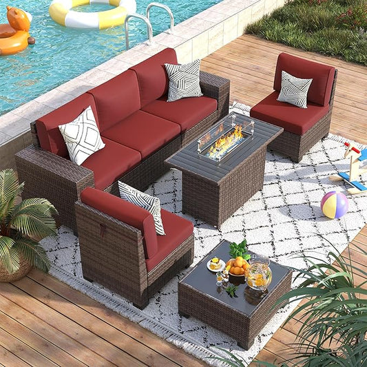 7 Piece Patio Furniture Set with Fire Pit Table, Outdoor Conversation Sets Wicker Rattan Sectional Sofa with Coffee Table, 4'' Thickened Cushion Wine Red (Include Waterproof Cover)