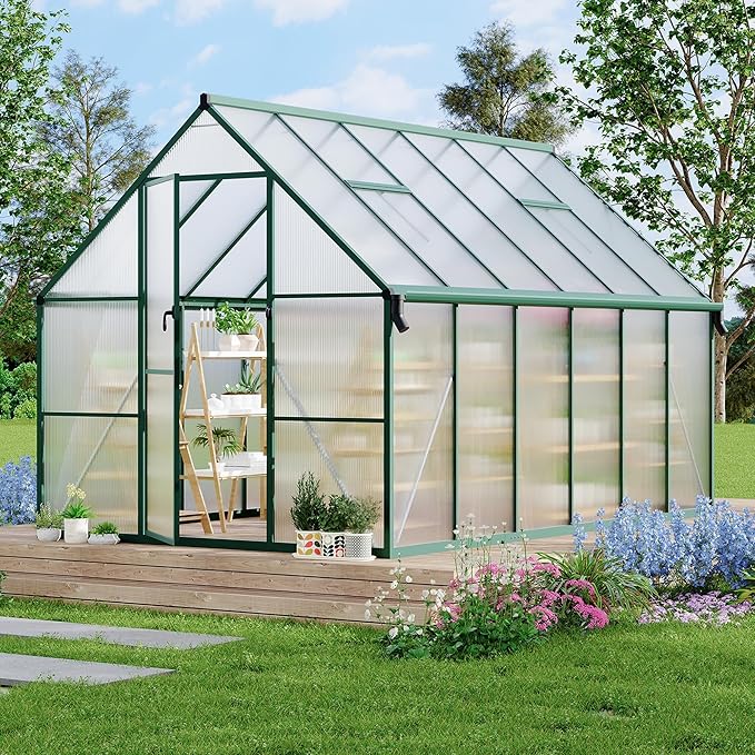 Polycarbonate Greenhouse for Outdoors, Large Walk-InGreenhouse with Quick Setup Structure and Roof Vent, Greenhouse with Ventilation