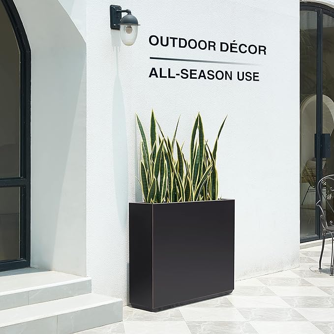 Wallowa Metallic Heavy Outdoor Planter Box, Span Planter, Pure Black with Hand Brushed Gold Rim, Long and Tall Divider Planter, No Assembly and Seamless, 38”Lx10”Wx30”H 48.8 Pounds