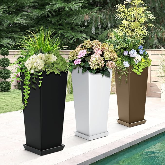 24" Tall Planters for Outdoor Plants, Set of 2 Large Outdoor Planters for Front Porch Decor with Drainage Hole, Front Porch Decor(White)