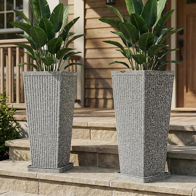 Tapered Tall Planters for Outdoor Plants 2 Pack- 23.6 Inch Heavy-Duty Classic Square Indoor Flower Pots with Drainage Holes/Partition/Tray, Large Outdoor Planters for Porch Patio, Gray