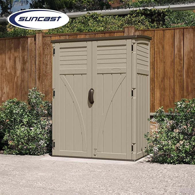 Suncast Outdoor Storage Cabinet Waterproof Resin Vertical Outdoor Storage Shed (54 cu. ft.) for Patio, Garden Tools, Cushions, & Equipment. Weatherproof Plastic Multi-Wall Design, Capacity Made in USA