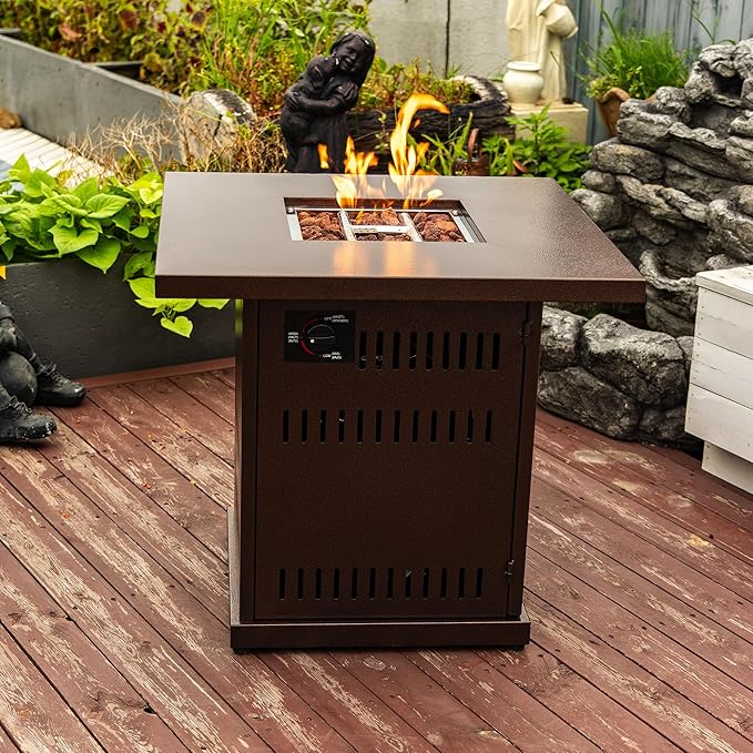 Propane Fire Pit Table, 28" Firepits for Outside, Gas Fire Pit for Outside Patio, Propane Fire Table with Steel Lid, Rocks for Deck, Backyard, 50000BTU, Tank Inside, Tank Not Included, Brown