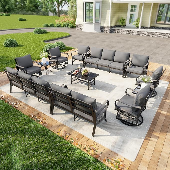 12-Piece Patio Conversation Sets, All Weather Metal Outdoor Furniture Set Includes 2 Three-Seater 4 Swivel Rockers with 2 Side Tables 1 Loveseat with Coffee Table 2 Single Chairs for Deck Porch, Gray