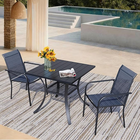 3 Piece Outdoor Dining Set, Patio Table and Chairs Set of 2, 27.6" Black Square Patio Table with 2 Dark Blue Stackable Patio Chairs for Lawn, Garden, Porch