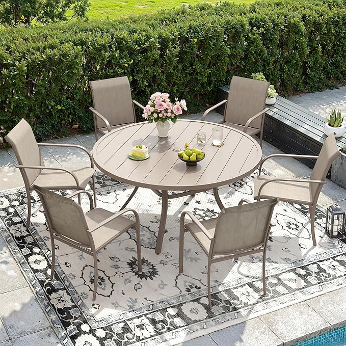 DIFY 48" Round Patio Dining Table for 6, Outdoor Metal Dining Table with 1.57" Umbrella Hole for Backyard Lawn Garden, Sandshell