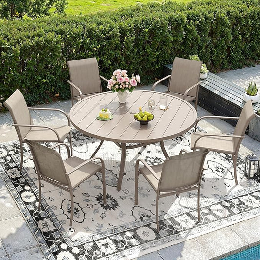 DIFY 48" Round Patio Dining Table for 6, Outdoor Metal Dining Table with 1.57" Umbrella Hole for Backyard Lawn Garden, Sandshell