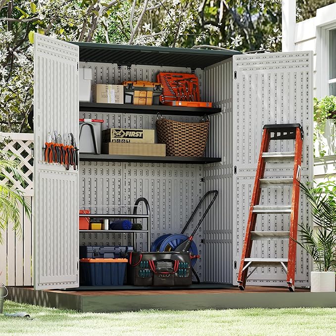 Vertical Resin Storage Shed, 60 Cuft Garden Tool Sheds & Outdoor Storage, Plastic Outdoor Storage Cabinet Waterproof, 4.5 x 2.3 ft Backyard Outside Lawn Mower Storage Shed, White