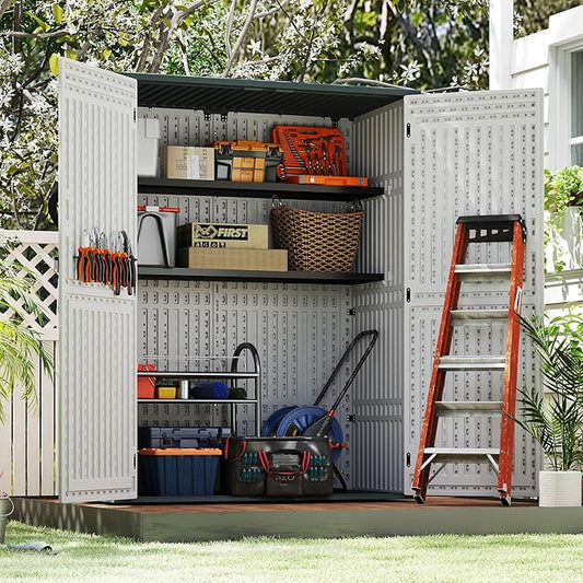 Vertical Resin Storage Shed with 2 Shelves, 60 Cuft Garden Tool Sheds & Outdoor Storage, Plastic Outdoor Storage Cabinet Waterproof, 4.5 x 2.3 ft Backyard Outside Lawn Mower Storage Shed, White