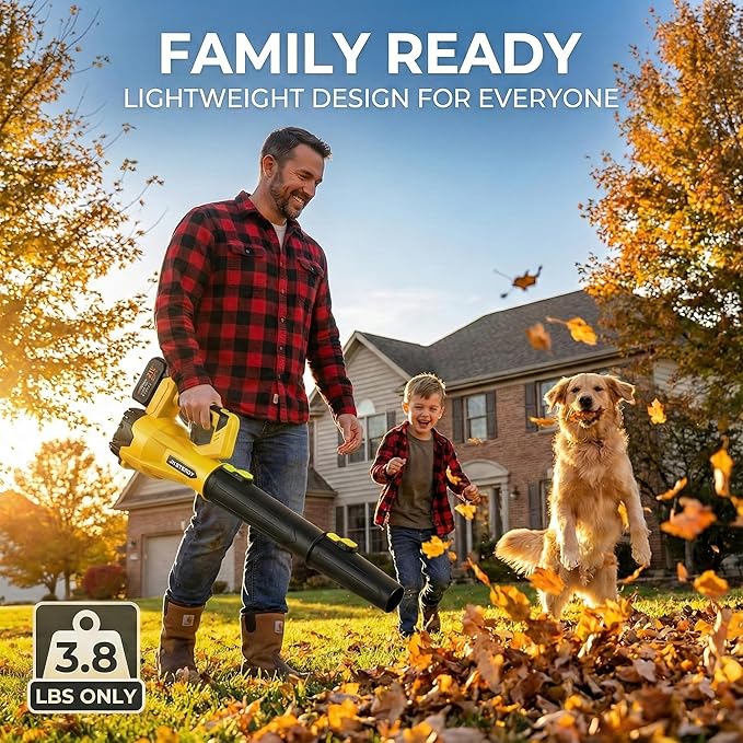 JH Steady 21V Cordless Leaf Blower - 3500W 350m/s, Stepless Variable Speed, Extended Nozzle, Rechargeable with Safety Gear (Yellow:2*Battery + Charger)