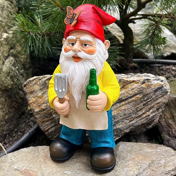 Mood Lab Garden Gnome - BBQ Chef Gnome - 9.45 Inch Tall Statue Lawn Garden Figurine - for Outdoor & House Decor